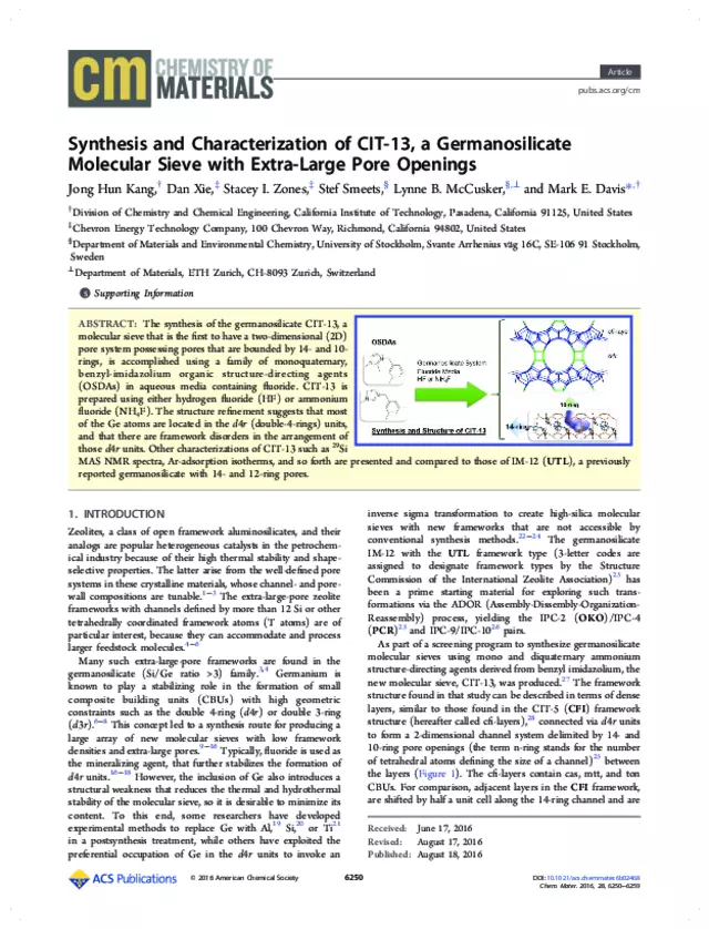 Synthesis and Characterization of CIT-13, a Germanosilicate Molecular Sieve with Extra-Large Pore Openings