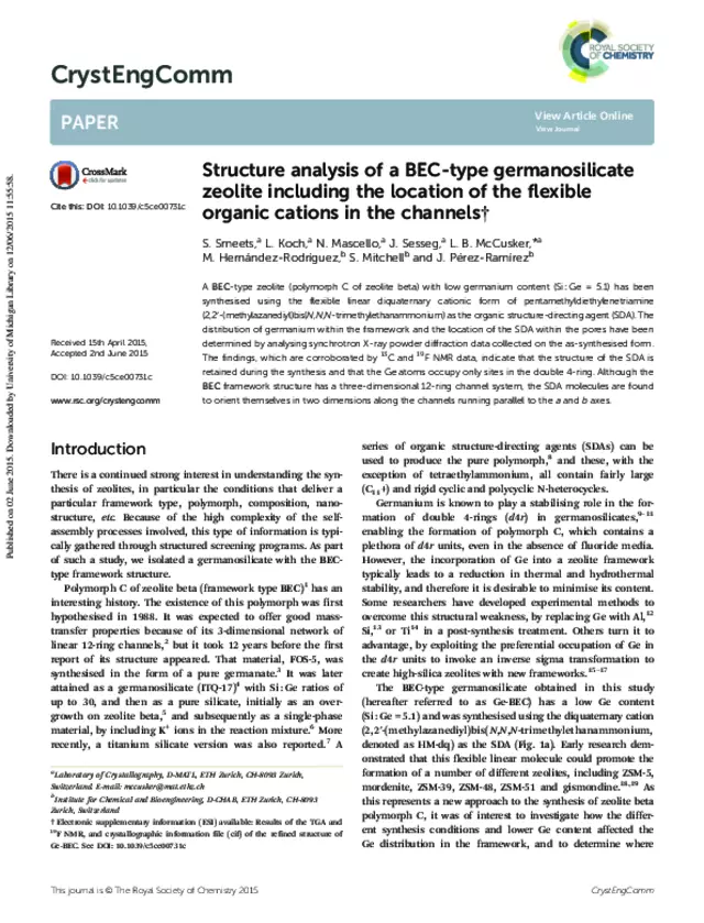 Structure analysis of a BEC-type germanosilicate zeolite including the location of the flexible organic cations in the channels