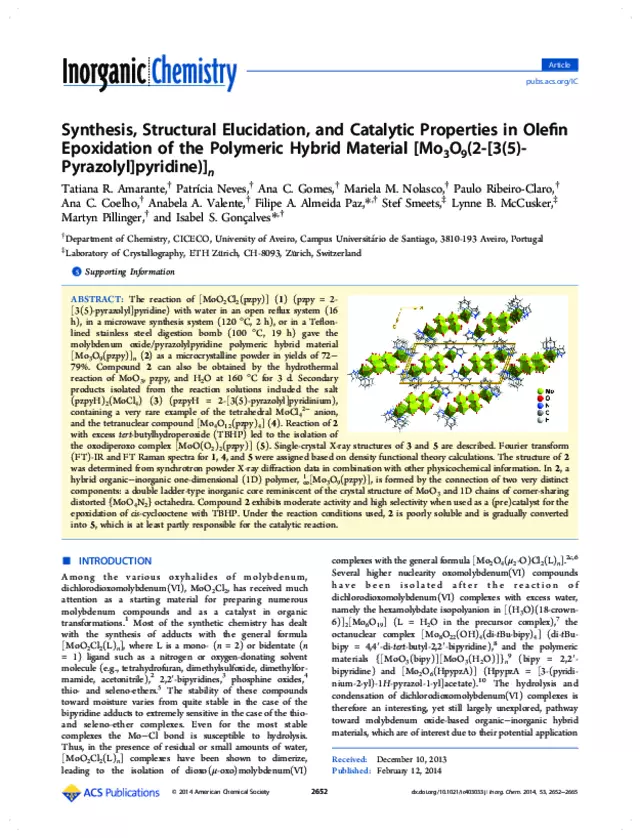 Synthesis, Structural Elucidation, and Catalytic Properties in Olefin Epoxidation of the Polymeric Hybrid Material [Mo3O9(2-[3(5)-Pyrazolyl]pyridine)]-<i>n</i>