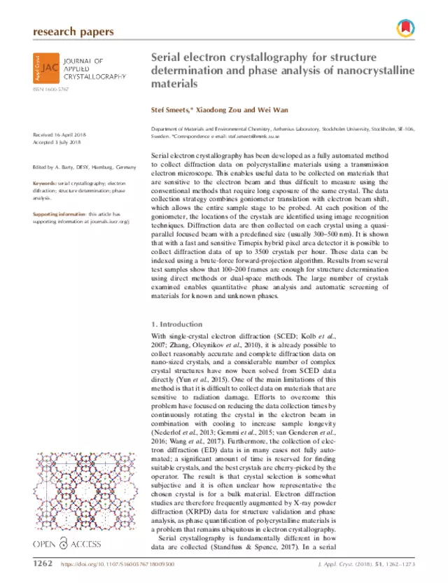 Serial electron crystallography for structure determination and phase analysis of nanocrystalline materials