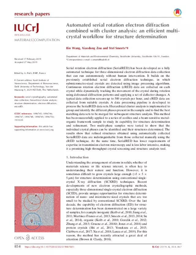 Automated serial rotation electron diffraction combined with cluster analysis: an efficient multi-crystal workflow for structure determination