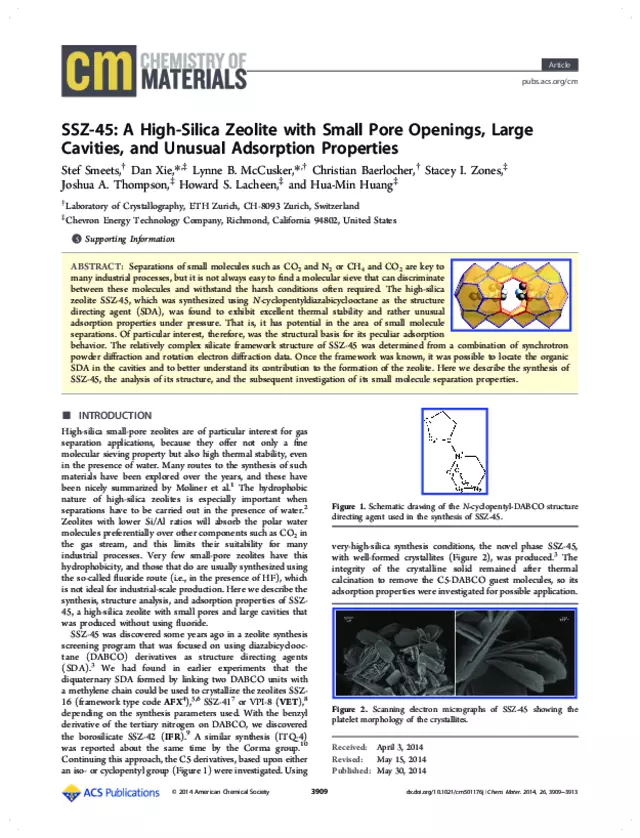SSZ-45: A High-Silica Zeolite with Small Pore Openings, Large Cavities, and Unusual Adsorption Properties