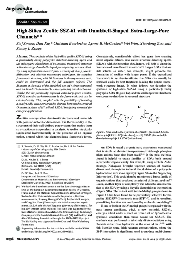 High-Silica Zeolite SSZ-61 with Dumbbell-Shaped Extra-Large-Pore Channels
