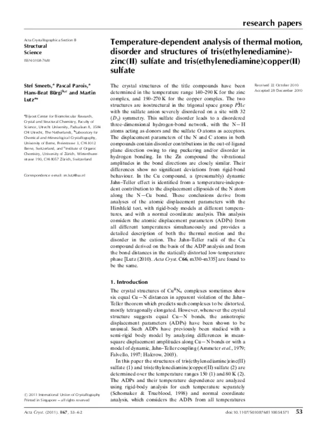 Temperature-dependent analysis of thermal motion, disorder and structures of tris(ethylenediamine)zinc(II) sulfate and tris(ethylenediamine)copper(II) sulfate