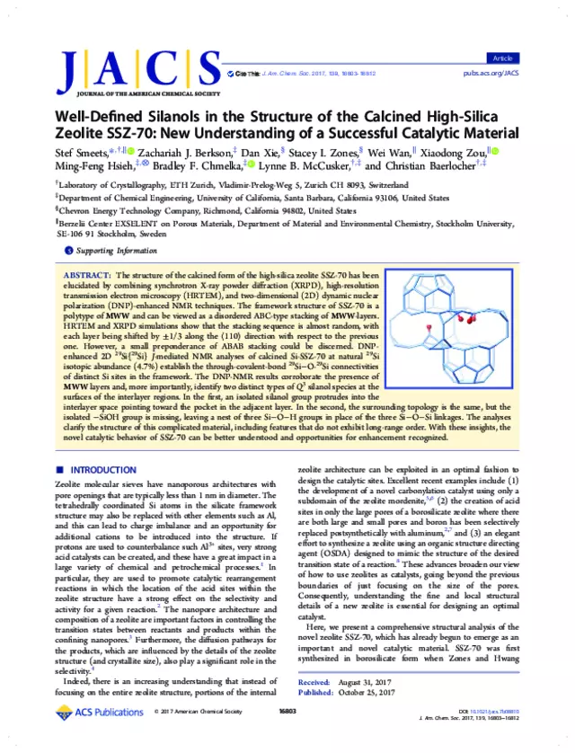 Well-Defined Silanols in the Structure of the Calcined High-Silica Zeolite SSZ-70: New Understanding of a Successful Catalytic Material