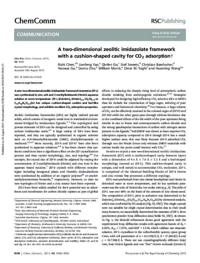 A two-dimensional zeolitic imidazolate framework with a cushion-shaped cavity for CO2 adsorption