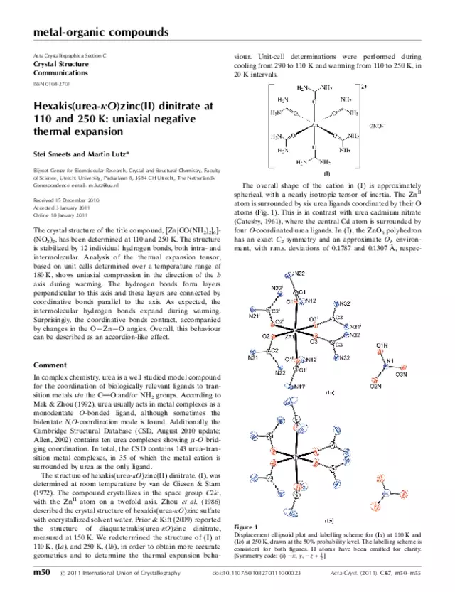Hexakis(urea-kO)zinc(II) dinitrate at 110 and 250 K: uniaxial negative thermal expansion